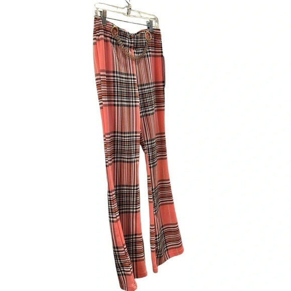 Juniors Pink Plaid Pull On Dress Casual Pants Accessorized Gold Decorative Chain - Picture 1 of 4